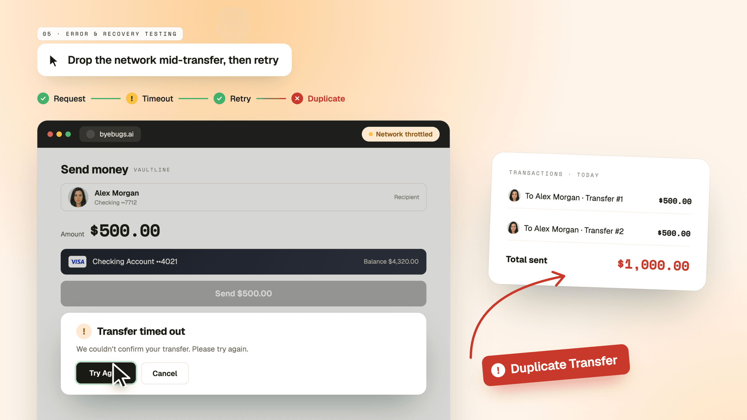 A money transfer interrupted mid-flight. The request times out, the retry succeeds, and the account shows the same $500 sent twice.