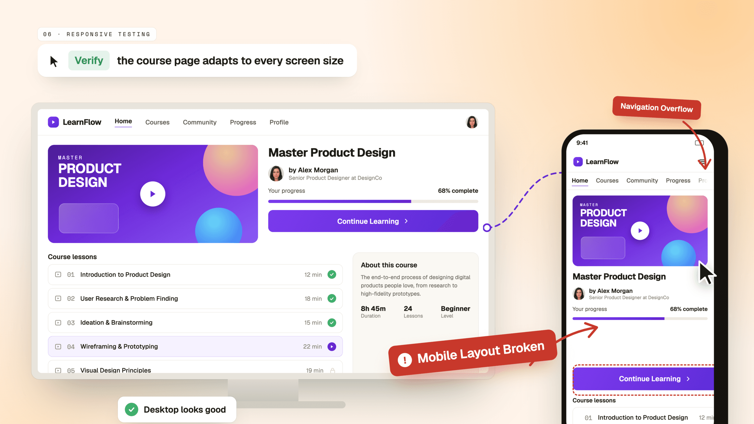 A course page checked at desktop and phone widths. Desktop looks good; on mobile the nav overflows its bar and the layout breaks below the hero.