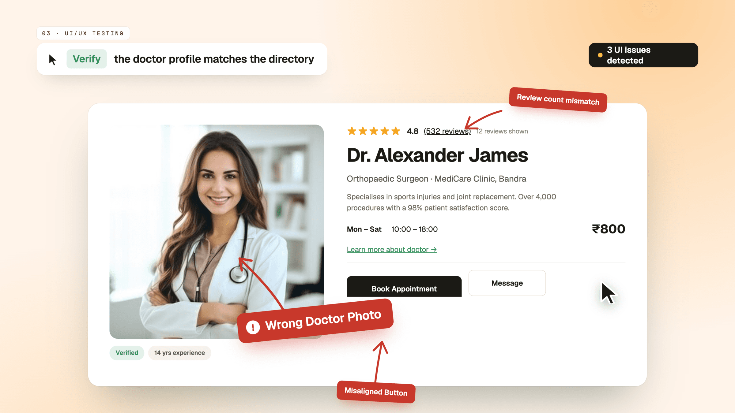 A doctor profile checked against the directory it came from: the photo belongs to someone else, the review link claims 532 against 12 shown, and a button sits out of line.